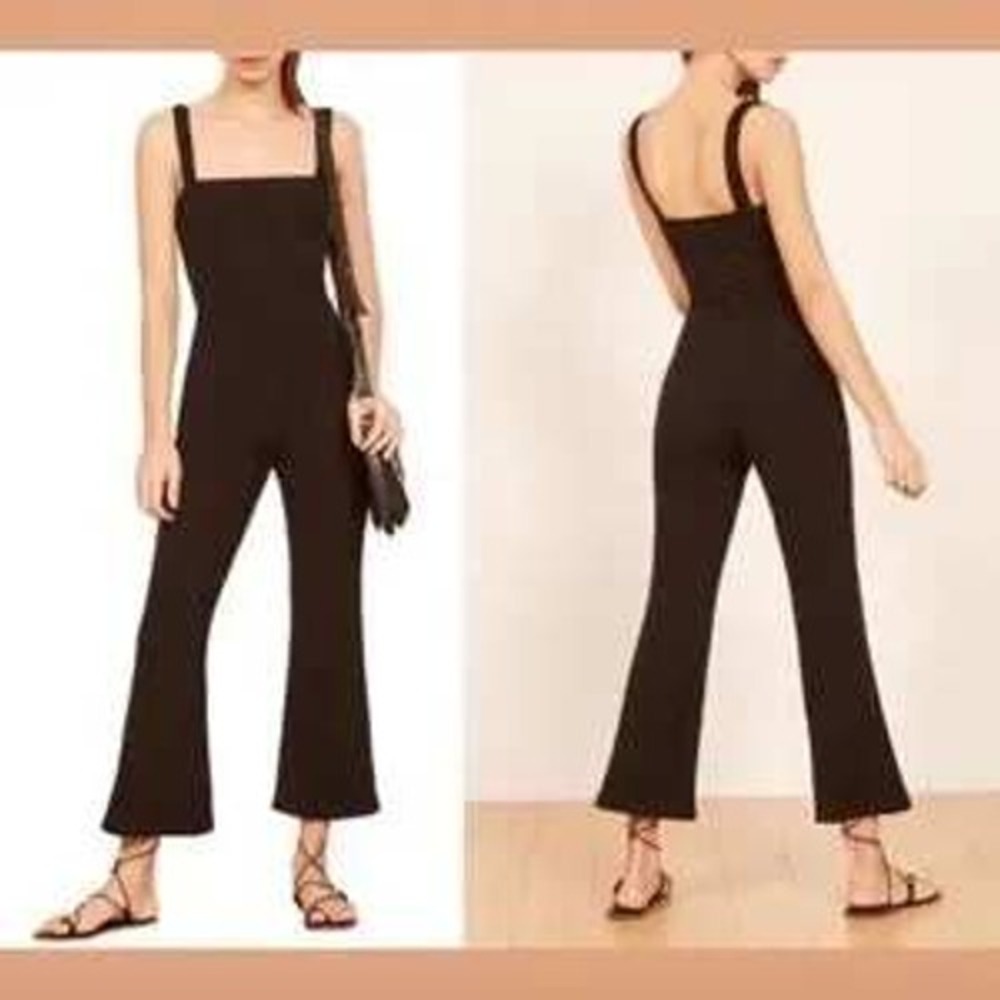 Reformation Black Ribbed Knit Wide Leg Jumpsuit Tencel Square Neck XS RN143248‎